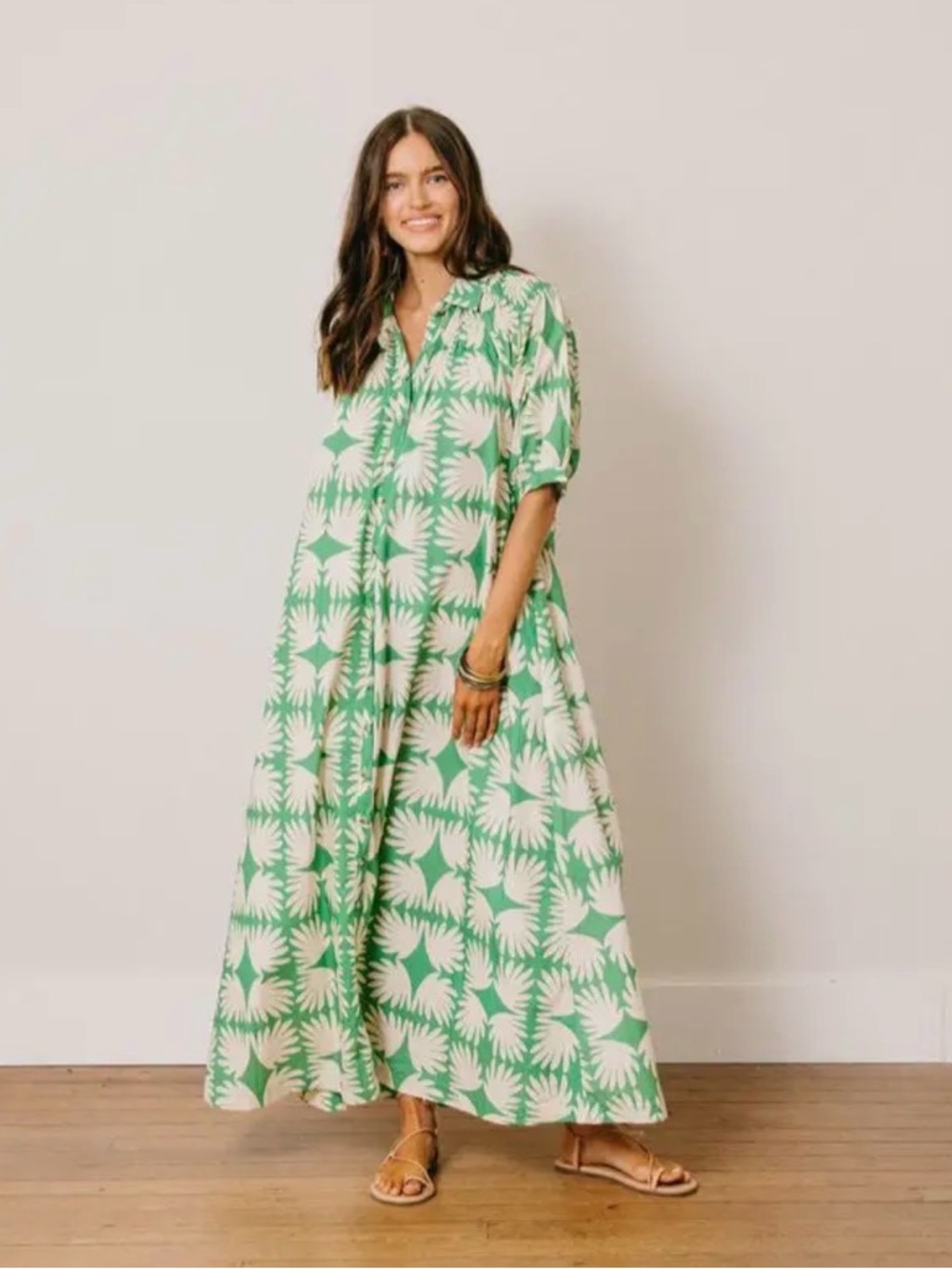 Sunshine Tienda Viridian tile Green Palm-Print Maxi Shirt Dress NWT